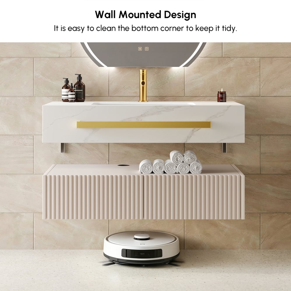 Mueble de baño flotante de 91 cm (36") con doble lavabo, encimera de piedra sinterizada, toallero dorado Imagen de ventana