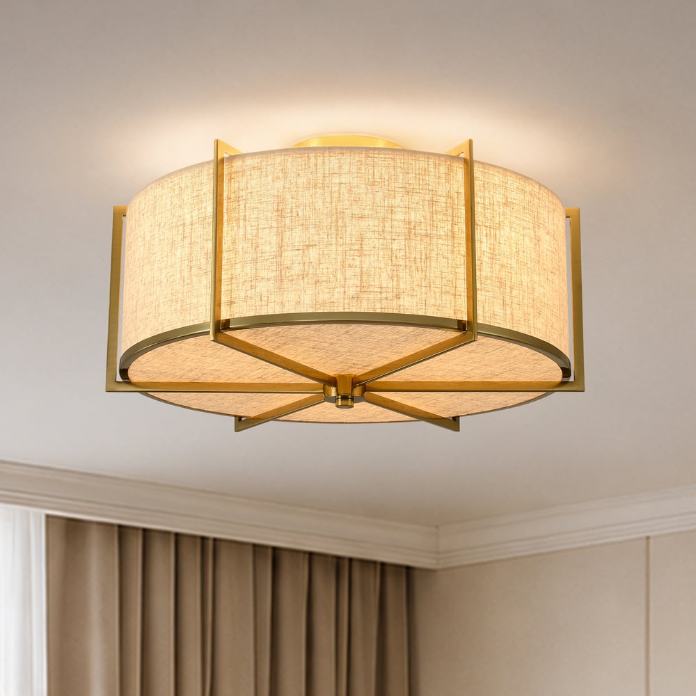 18" Linen Flush Mount Light in Gold Finish, 3-Light window image