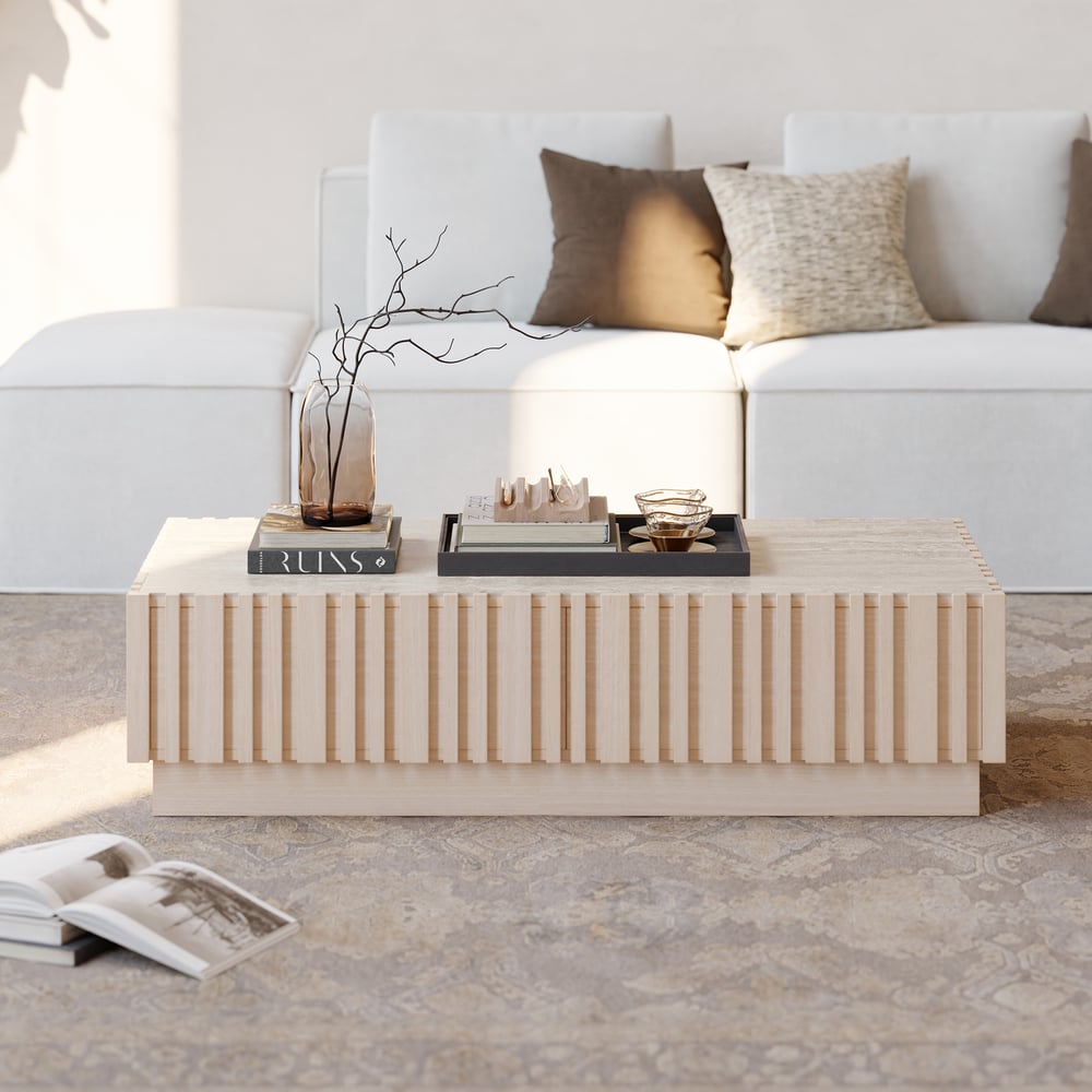 Aura 47" Ash Wood Slatted Coffee Table with Sintered Stone Top window image