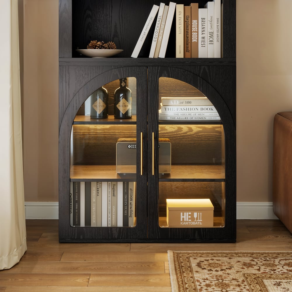 Arune Black Chest Bookcase with Storage Cabinet & LED Light window image