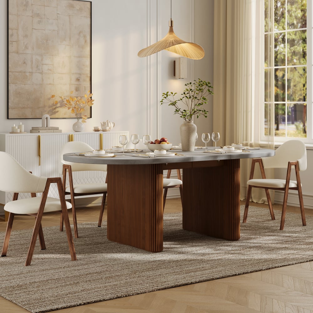 Japandi 63"-79" Extendable Oval Concrete Gray Dining Table, Seats 4-6 window image
