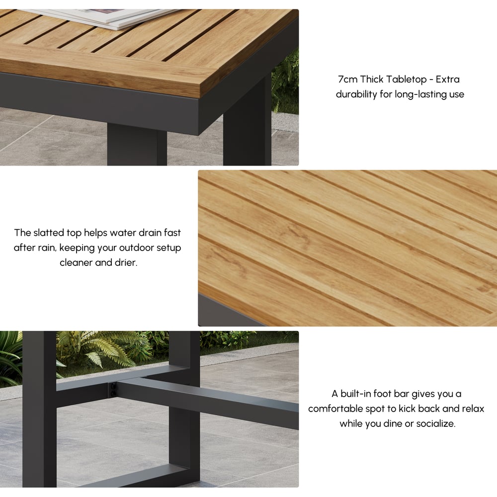 Tevara Outdoor Square Bar Table with Teak Wood Slat Top & Aluminium Frame in Dark Grey window image