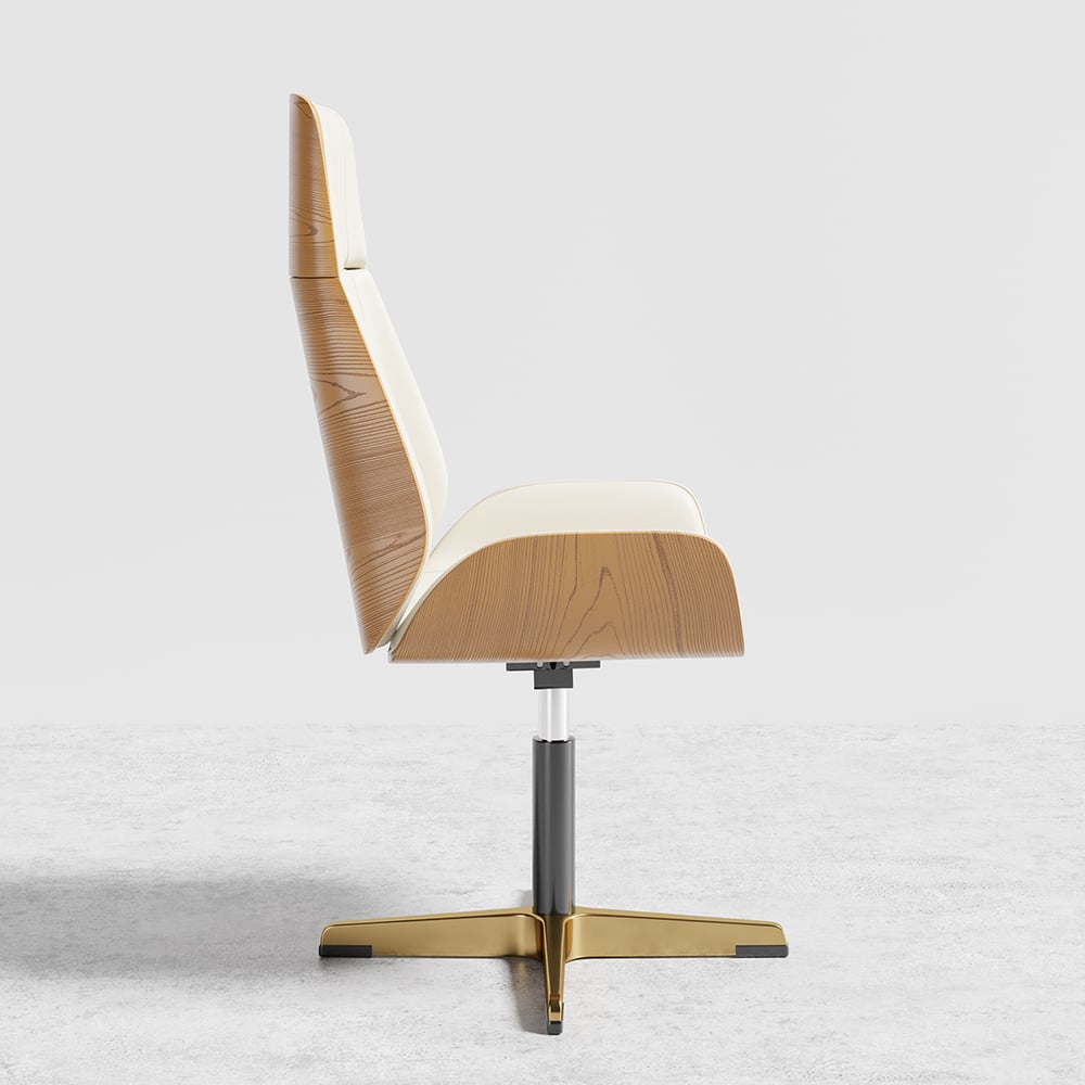 Walnut Curved Wooden Office Desk & Adjustable Swivel Executive Chair in Beige & Gold window image