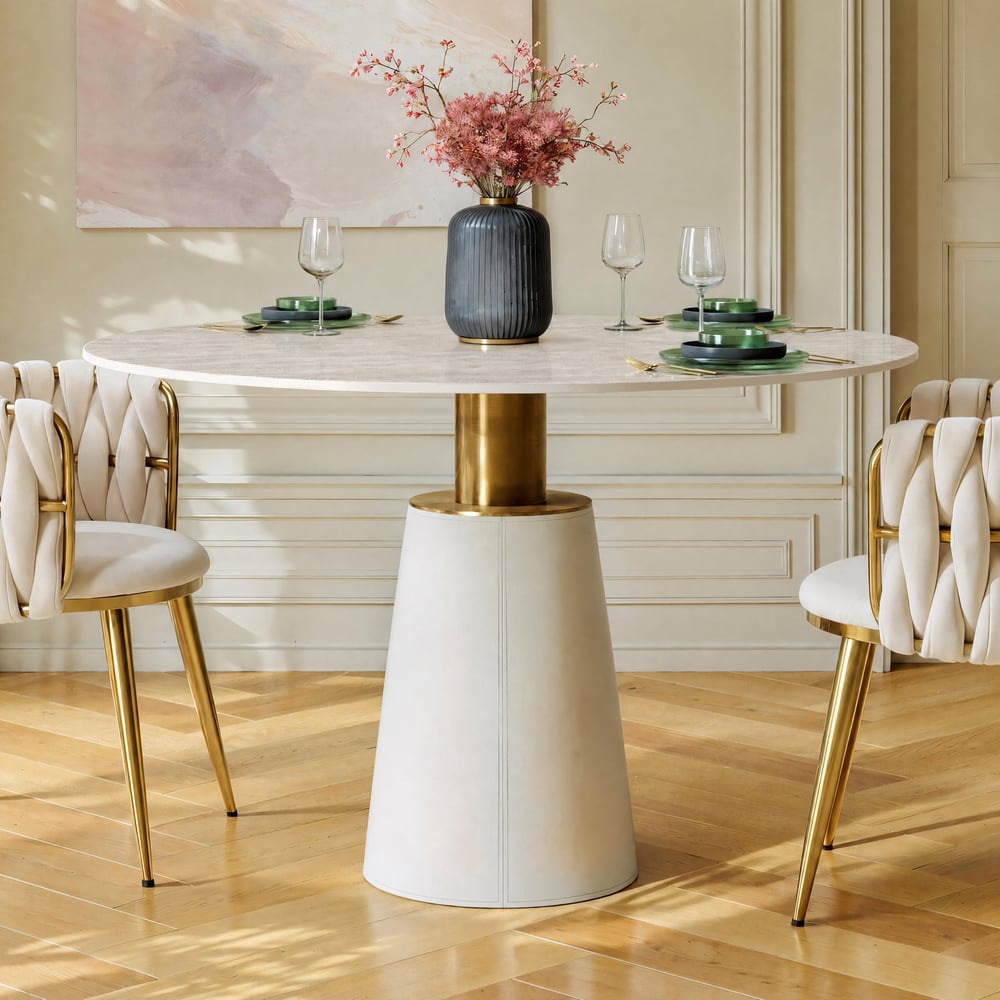 Modern 39" Round Faux Travertine Dining Table with Leather-Wrapped Base, Seats 2 window image