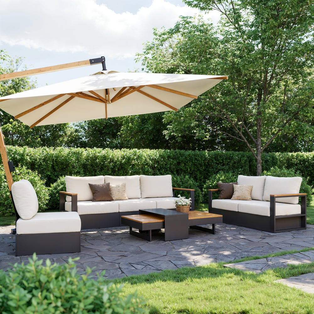 Tevara 6-Person Outdoor Sofa Set with Wood & Aluminum Frame, Dark Gray & Warm White window image