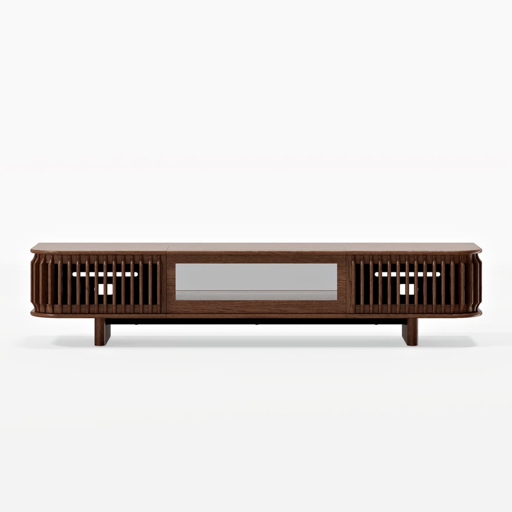 80" Ash Wood Fluted Walnut Projector TV Stand with LED window image