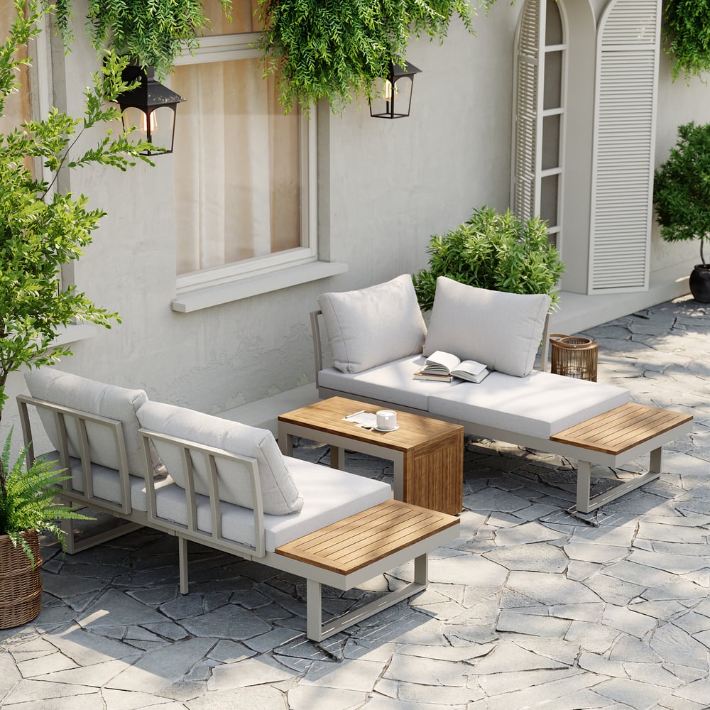 Slatera Outdoor Acacia & Aluminum Modular Sofa Set in Light Gray with Black Cover window image