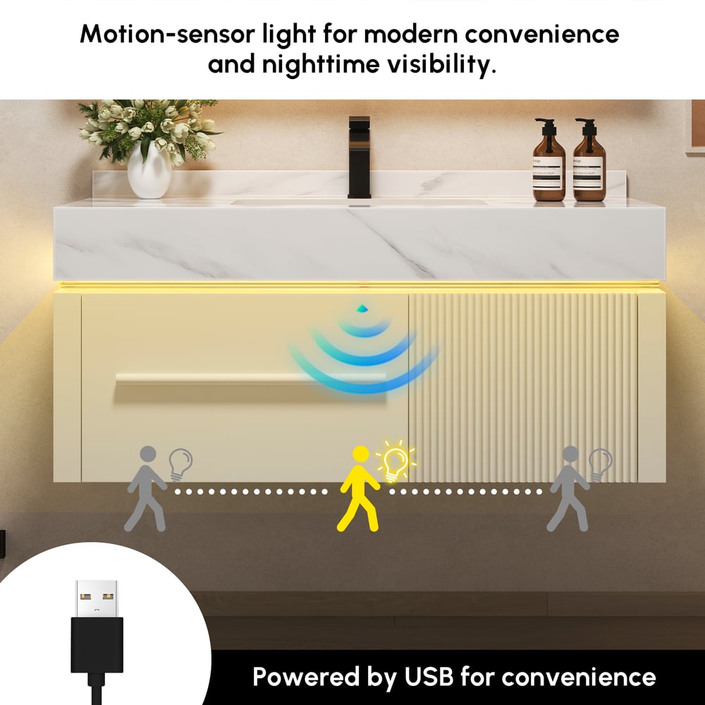 39.4" Wall-Mounted Bathroom Vanity with Sintered Stone Top, LED Sensor Light window image