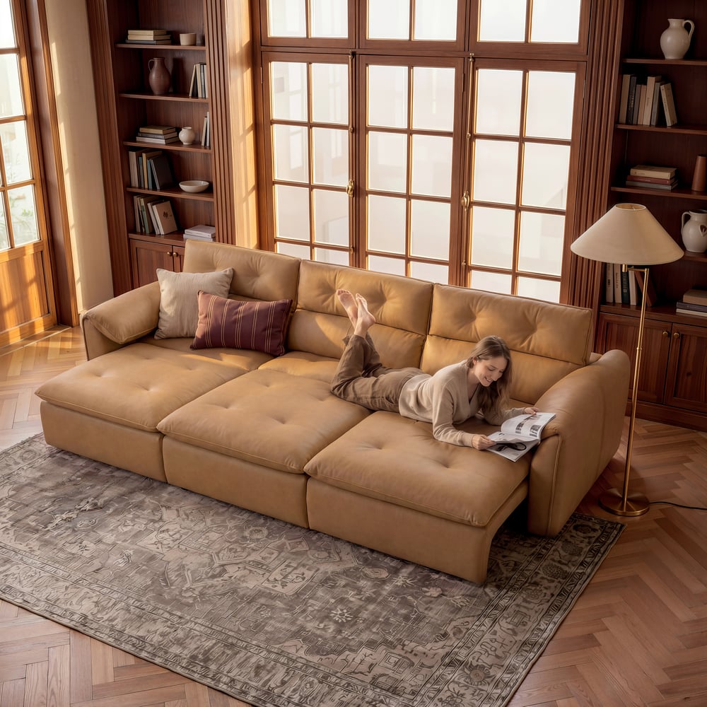 320 cm 3-Seater Genuine Leather Power Convertible Sleeper Sofa with Adjustable Headrests window image