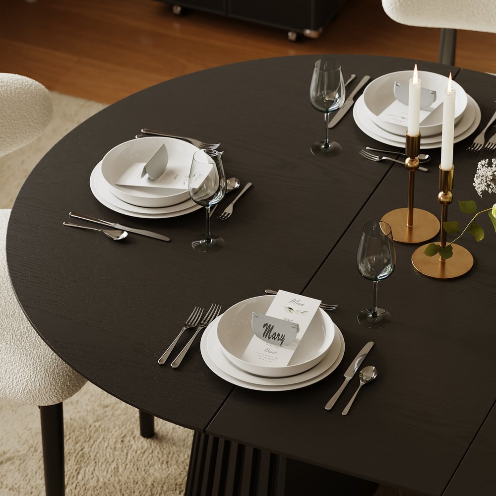 Modern 47"-79" Extendable Black Wood Dining Table with Fluted Base, Seats 4-6 window image