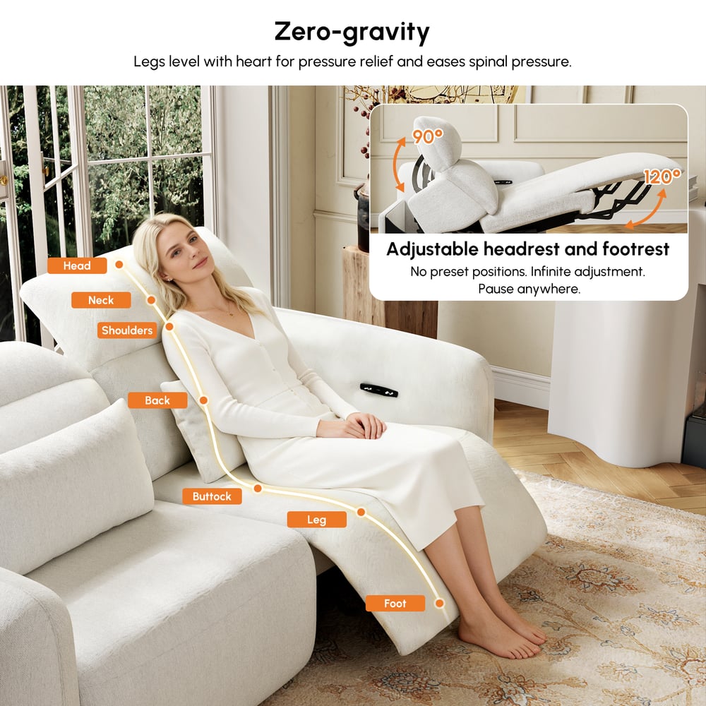 Canapé inclinable électrique zéro gravité en chenille de 227 cm avec oreillers image de fenêtre