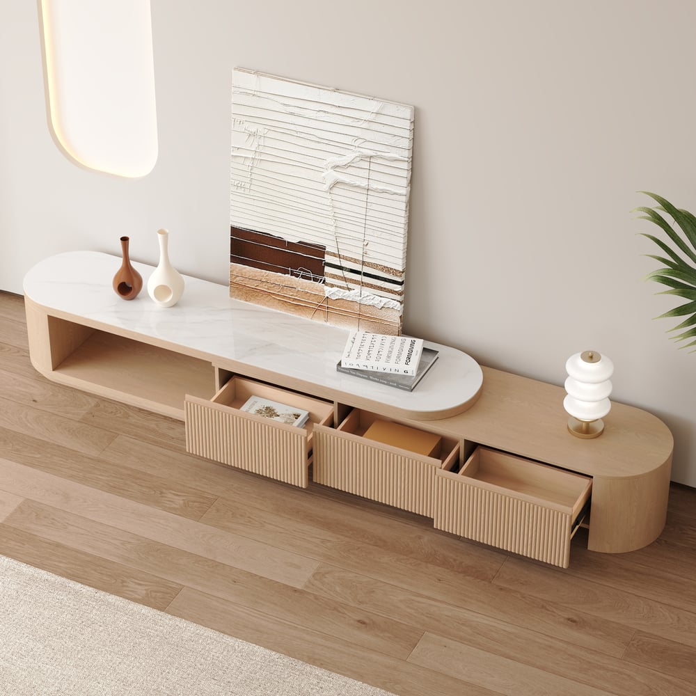 Velar 71"-114" Extendable Fluted TV Stand with Sintered Stone Top & 3 Drawers window image
