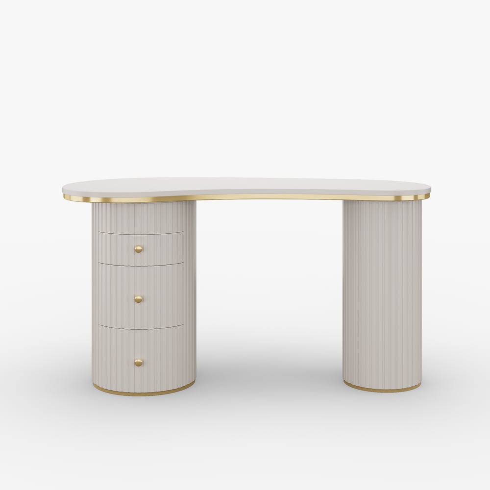 Warm White Curved Wooden Office Desk & Adjustable Swivel Executive Chair in Beige & Gold window image