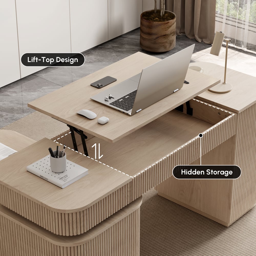 Velign 65" L-Shape Whitewash Executive Desk with Right-Side Cabinet window image