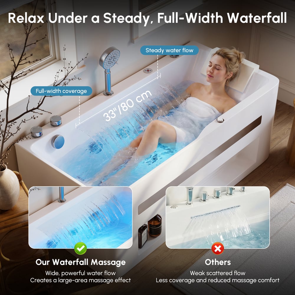 Baignoire balnéo de 150 cm avec contrôle thermostatique, jets de massage et éclairage LED image de fenêtre