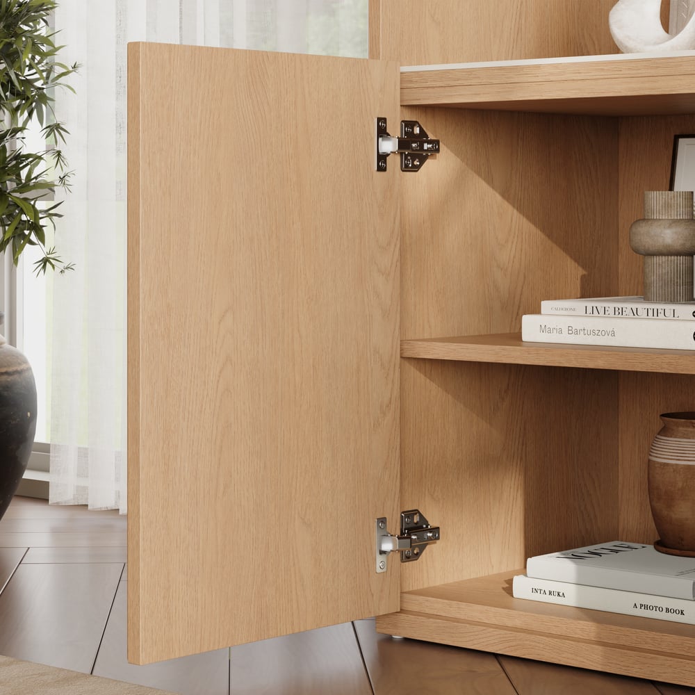 Aura 120cm Boekenkast van Essenhout met Gegroefde Details en Blad van Sintersteen Vensterafbeelding