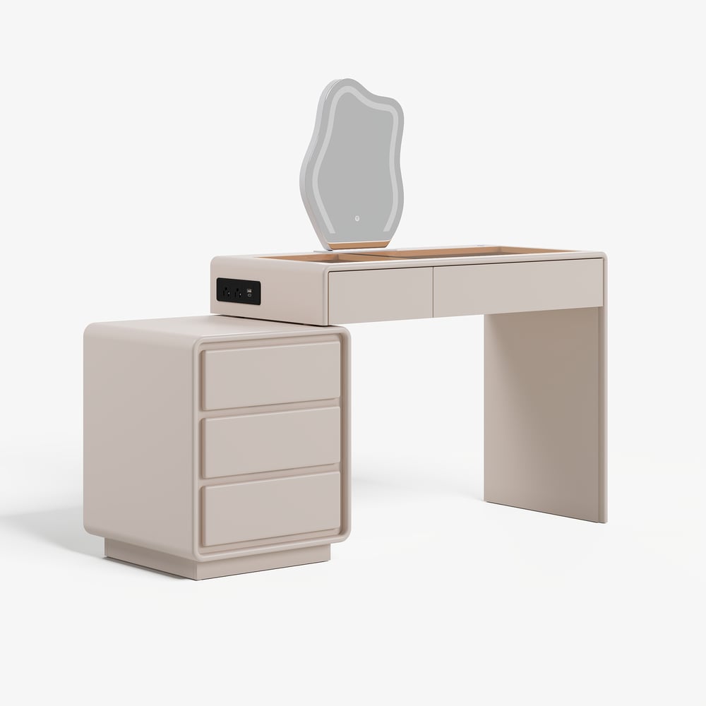 Modern Matte Warm White Makeup Vanity Set with LED Mirror and Jewelry Storage  (40"-57") window image