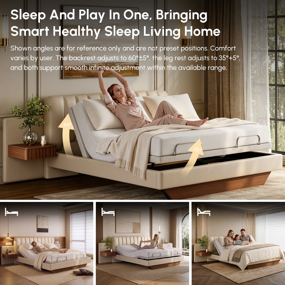 Genuine Leather Smart Bed Set With Adjustable Base And 2 Storage Nightstands window image