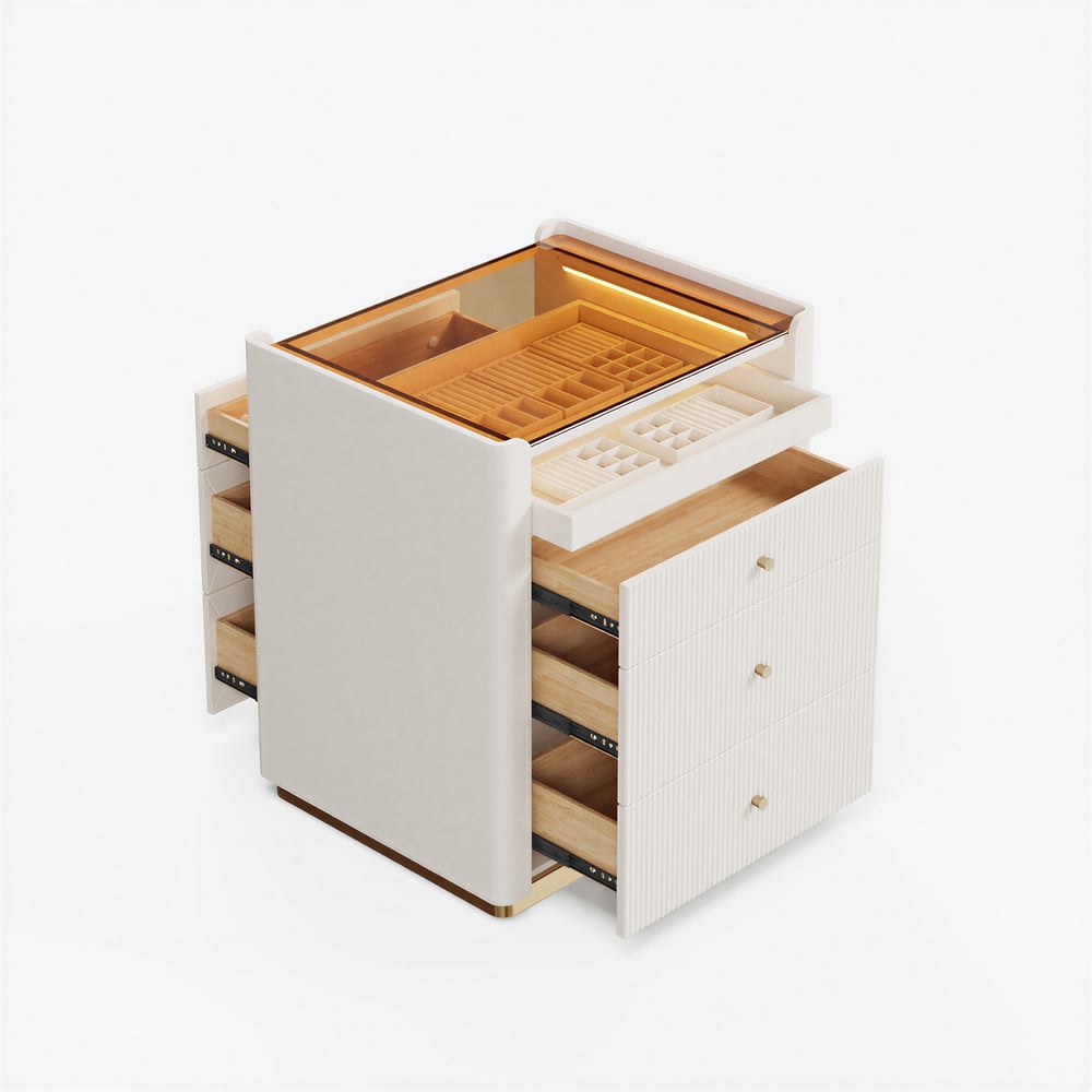 Îlot de placard moderne de 29,5" en cuir cannelé, commode à 7 tiroirs avec éclairage et rangement pour bijoux image de fenêtre