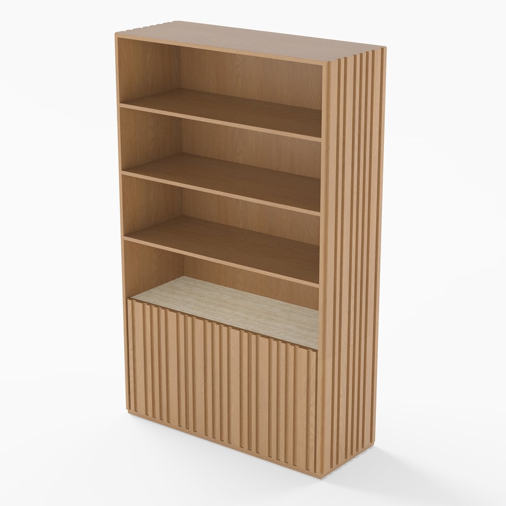 Aura 120cm Boekenkast van Essenhout met Gegroefde Details en Blad van Sintersteen Vensterafbeelding
