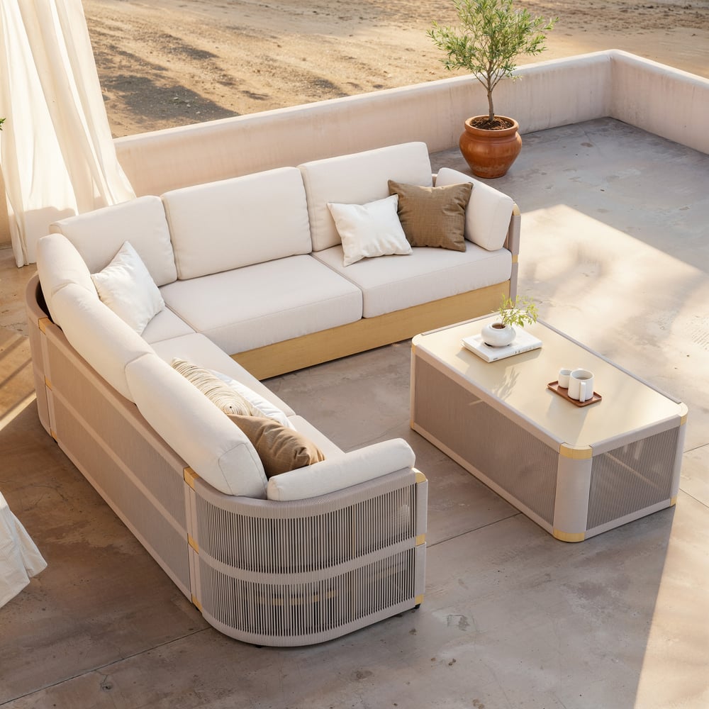 Costra Handwoven Rope L-Shaped Outdoor Sofa with Coffee Table in Ivory window image