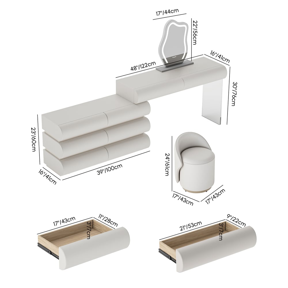 Humply White Extendable Leather Makeup Vanity Set with Mirror (48"- 83") weights dimensions image