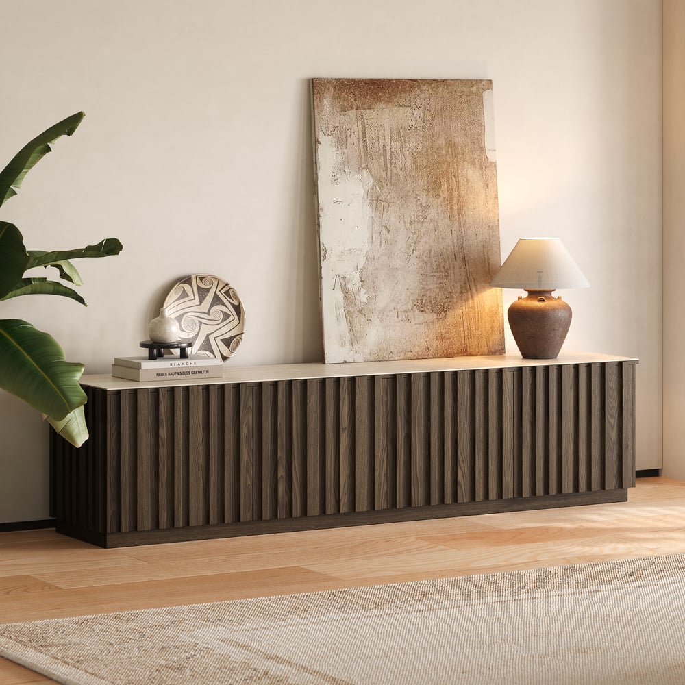 Aura 83" Ash Wood Fluted Smoked Brown TV Stand with Sintered Stone Top window image
