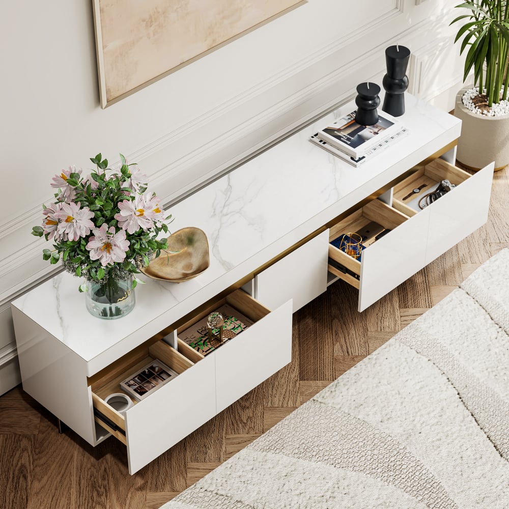 86" White Sintered Stone Top TV Stand with 4 Drawers window image
