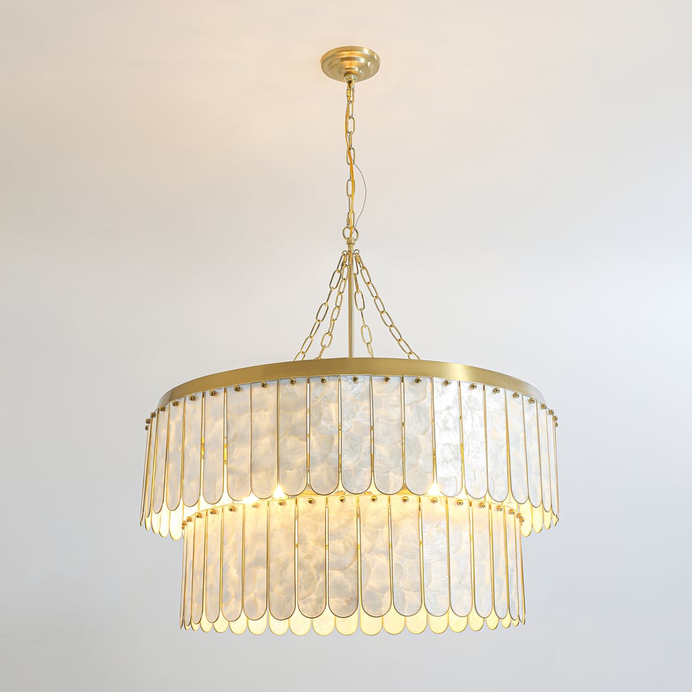 Enseo Coastal 8-Light Capiz Shell 2-Tiered Faceted Chandelier Pendant Light Gold White window image