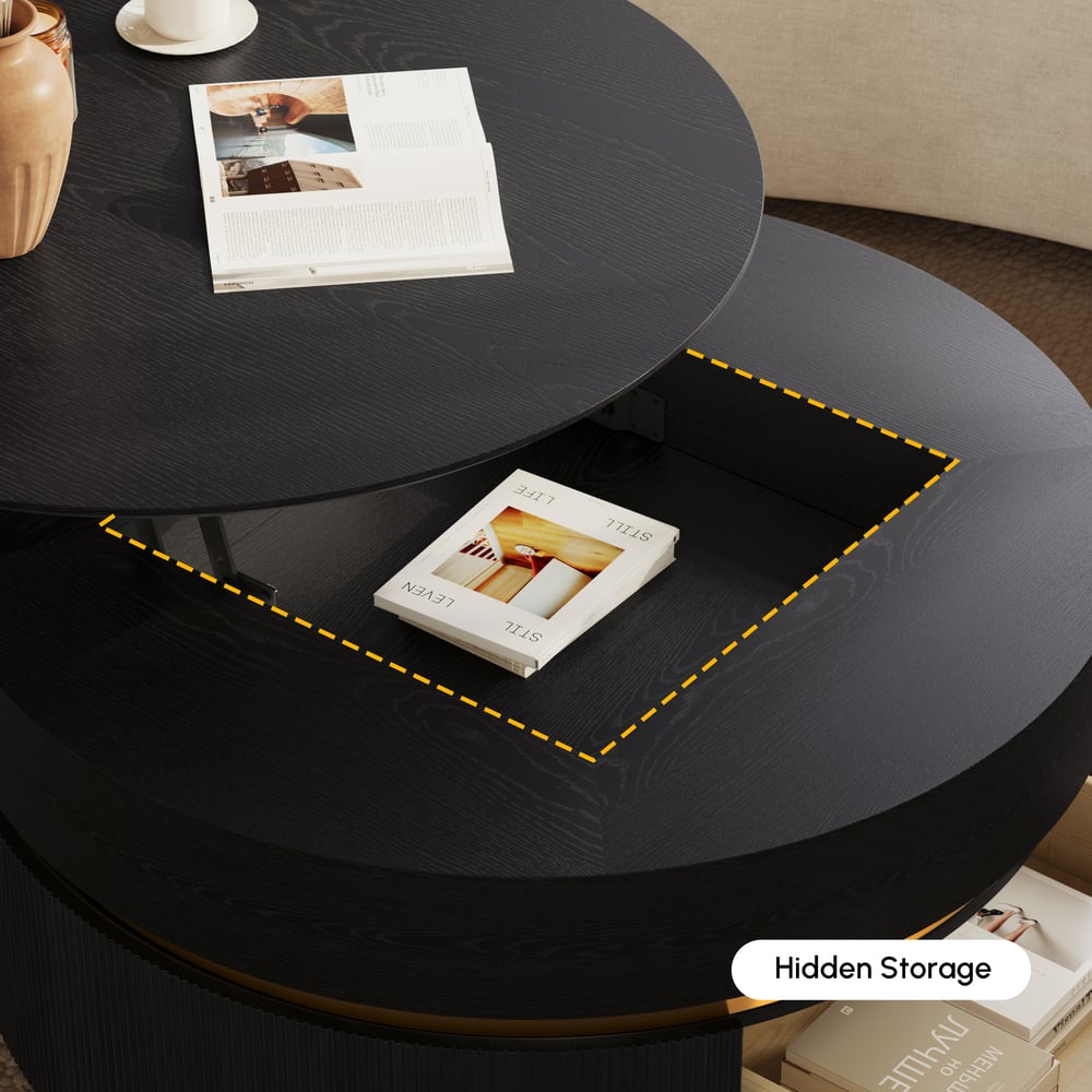 Table basse ronde à plateau relevable cannelé de 32 pouces avec 2 tiroirs image de fenêtre