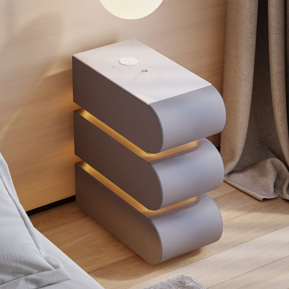 Narrow Humply Leather 3-Drawer Smart Nightstand with Sintered Stone Top window image