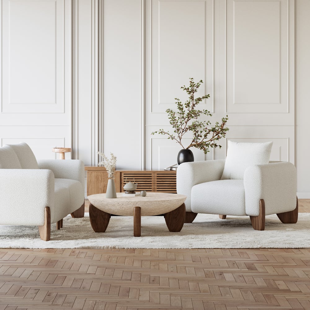 Table basse Curva ronde 94 cm en béton noyer avec pieds en bois image de fenêtre