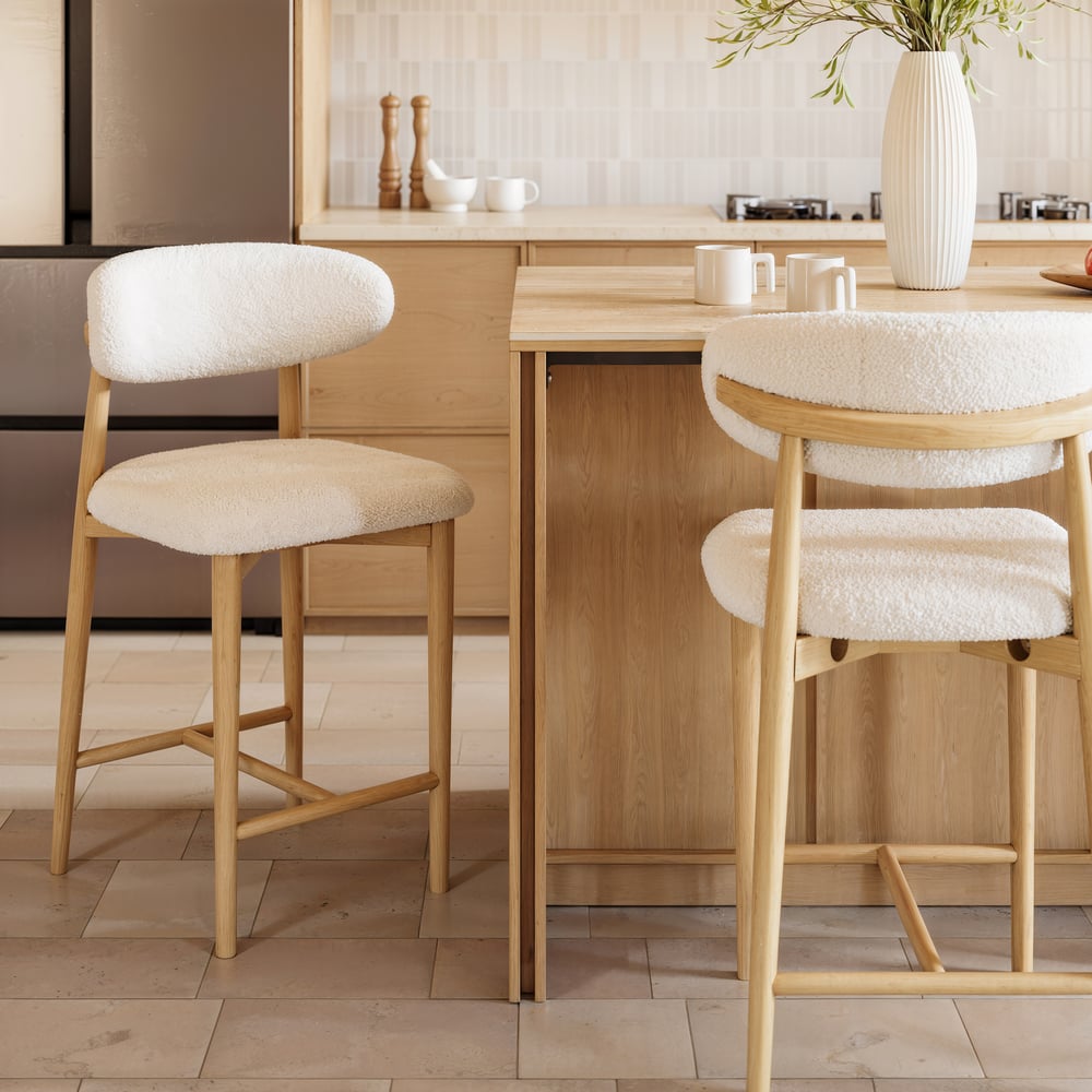 Modern Warm White Boucle Counter Stool with Natural Rubber Wood Legs, 1 Piece window image