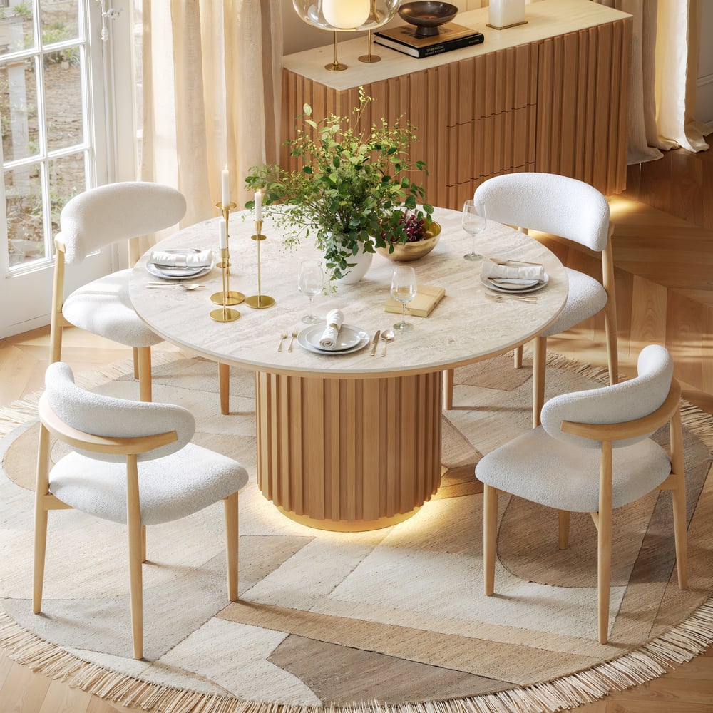 Aura 47" Round Natural Faux Travertine Sintered Stone Dining Table, Fluted Base, Seats 4 window image