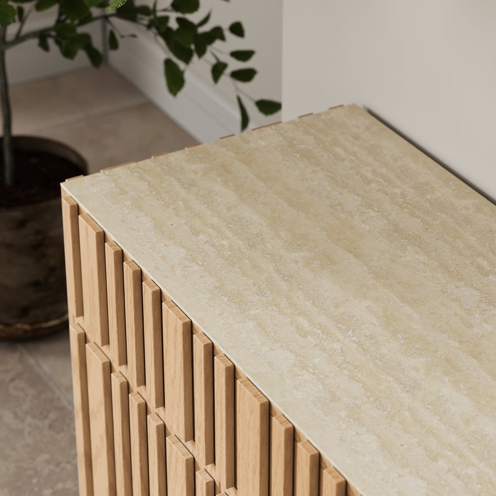 Aura 65" Ash Wood Slatted Natural TV Stand with Sintered Stone Top window image