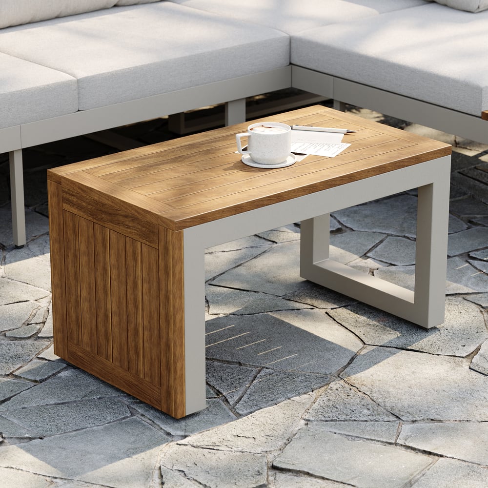 Slatera Outdoor Acacia & Aluminum Modular Sofa Set in Light Gray with Black Cover window image