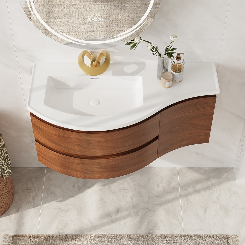 Floating Curved Bathroom Vanity in Walnut Left Offset & Round LED Medicine Cabinet Set window image