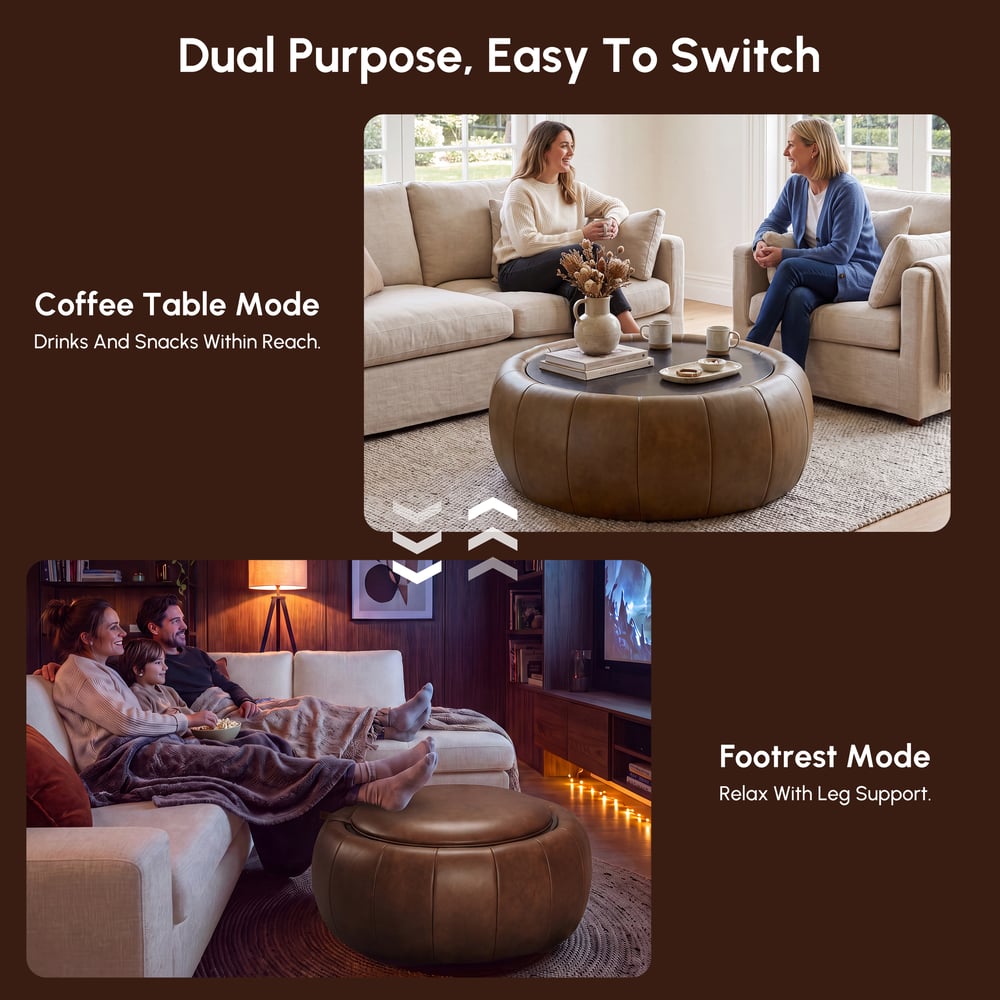 Modern 39" Round Performance Leather Ottoman Coffee Table with Hidden Storage window image
