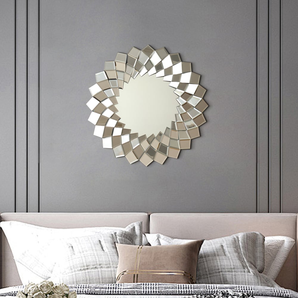 24" Diamond-Shaped Wall Mirror, Silver Round Decorative Mirror window image