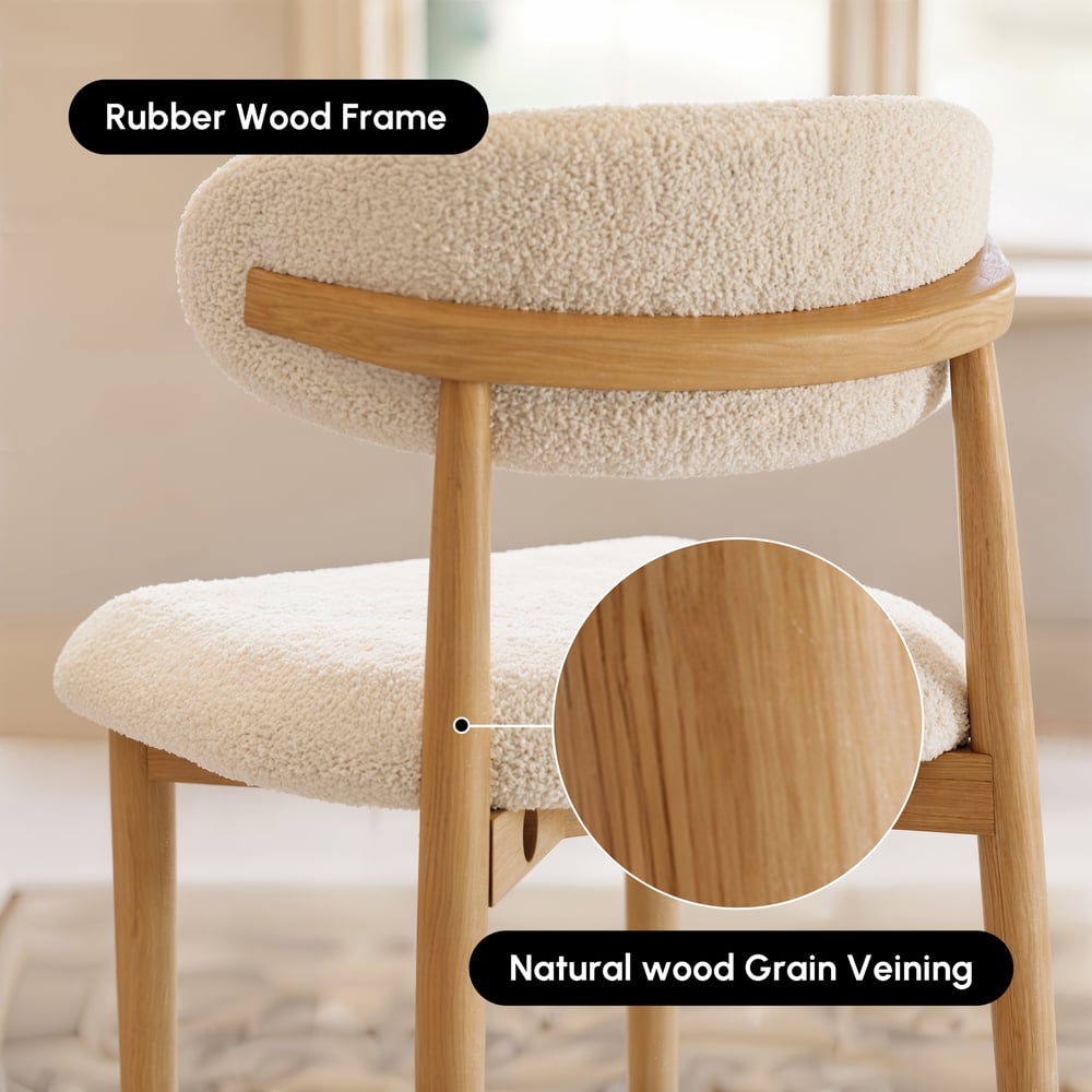 Modern Warm White Boucle Counter Stool with Natural Rubber Wood Legs, 1 Piece window image