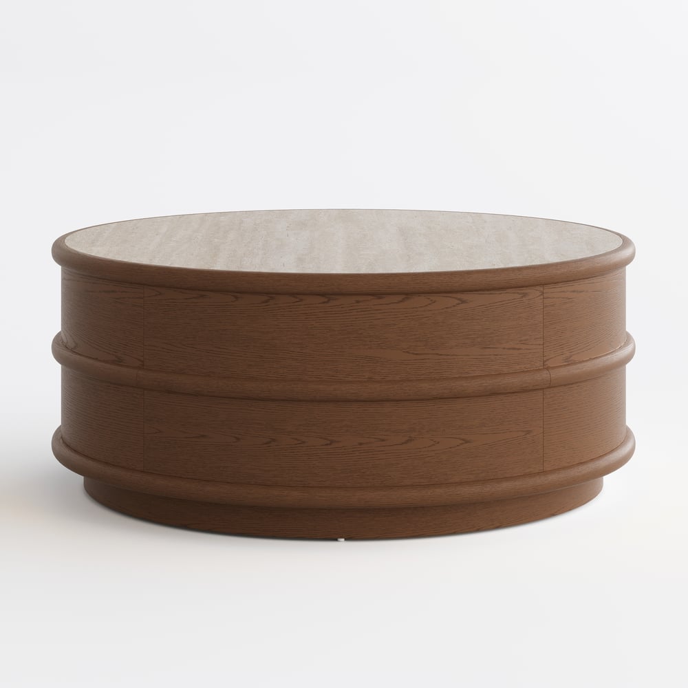 36" Ash Wood Round Coffee Table with Sintered Stone Top window image