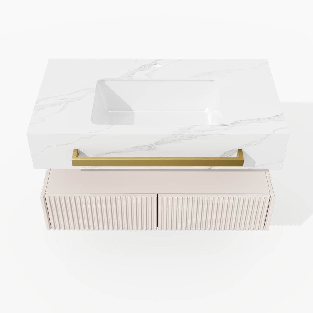 Mueble de baño flotante de 91 cm (36") con doble lavabo, encimera de piedra sinterizada, toallero dorado Imagen de ventana