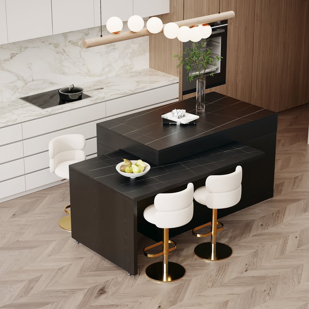 Îlot de cuisine extensible en pierre frittée mate de 81''-112" avec rangement, Noir image de fenêtre