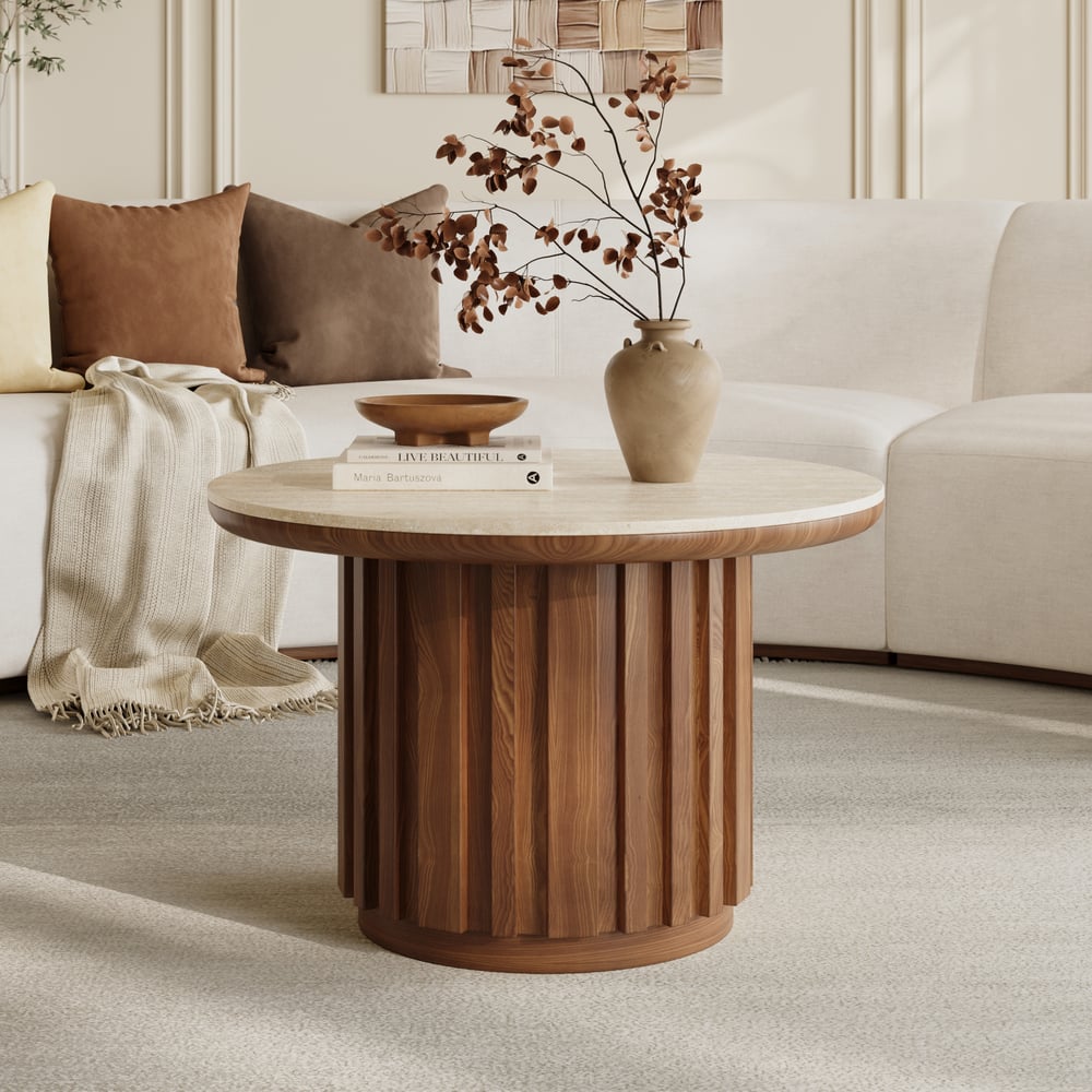 Table basse ronde à lattes en bois de frêne Aura avec plateau en pierre frittée image de fenêtre