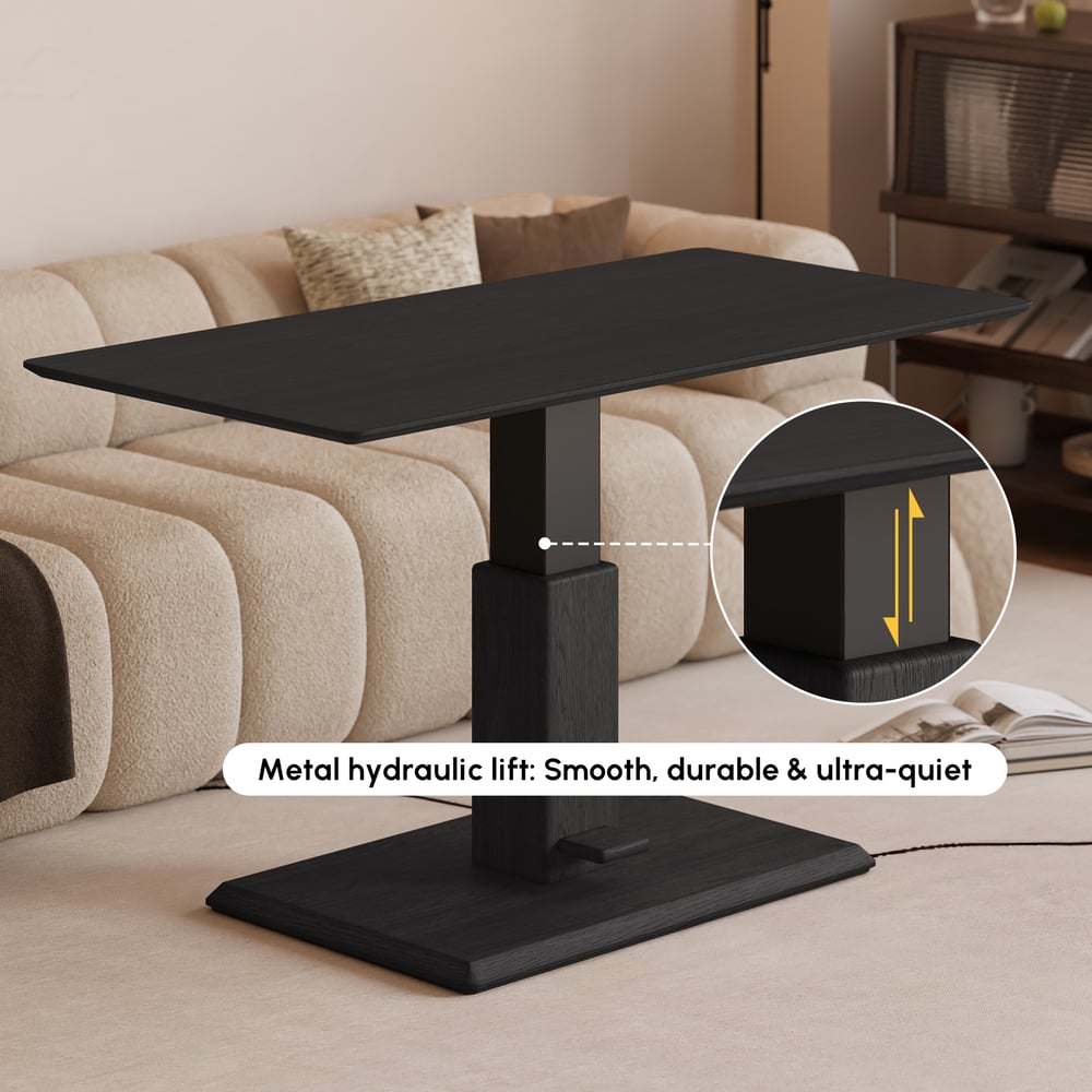 Table basse moderne de 119 cm en placage de bois noir, réglable en hauteur avec commande au pied image de fenêtre