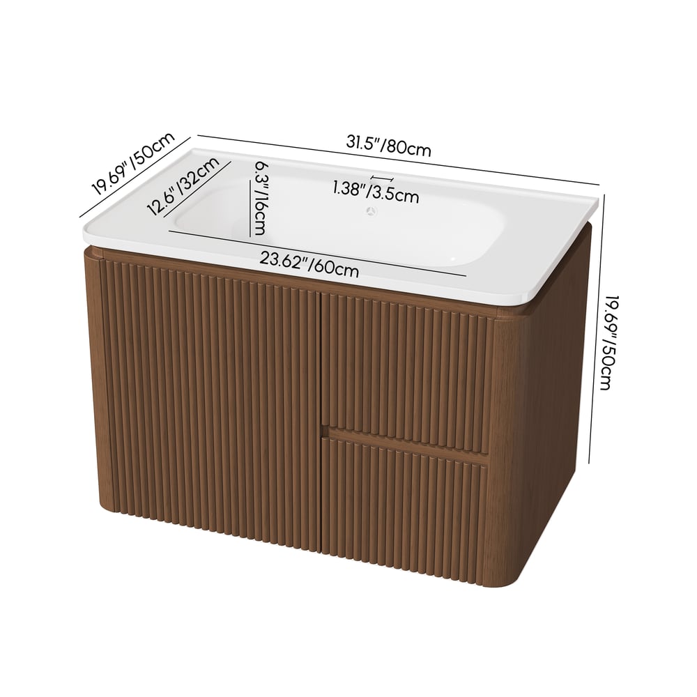 Meuble-lavabo de salle de bain flottant cannelé moderne de 81 cm avec lavabo, éclairage LED doux et grand espace de rangement Poids, dimensions, image