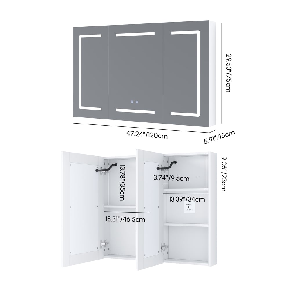 47" LED Bathroom Medicine Cabinet Dimmable with Defogger, Tissue Slot and Outlet weights dimensions image