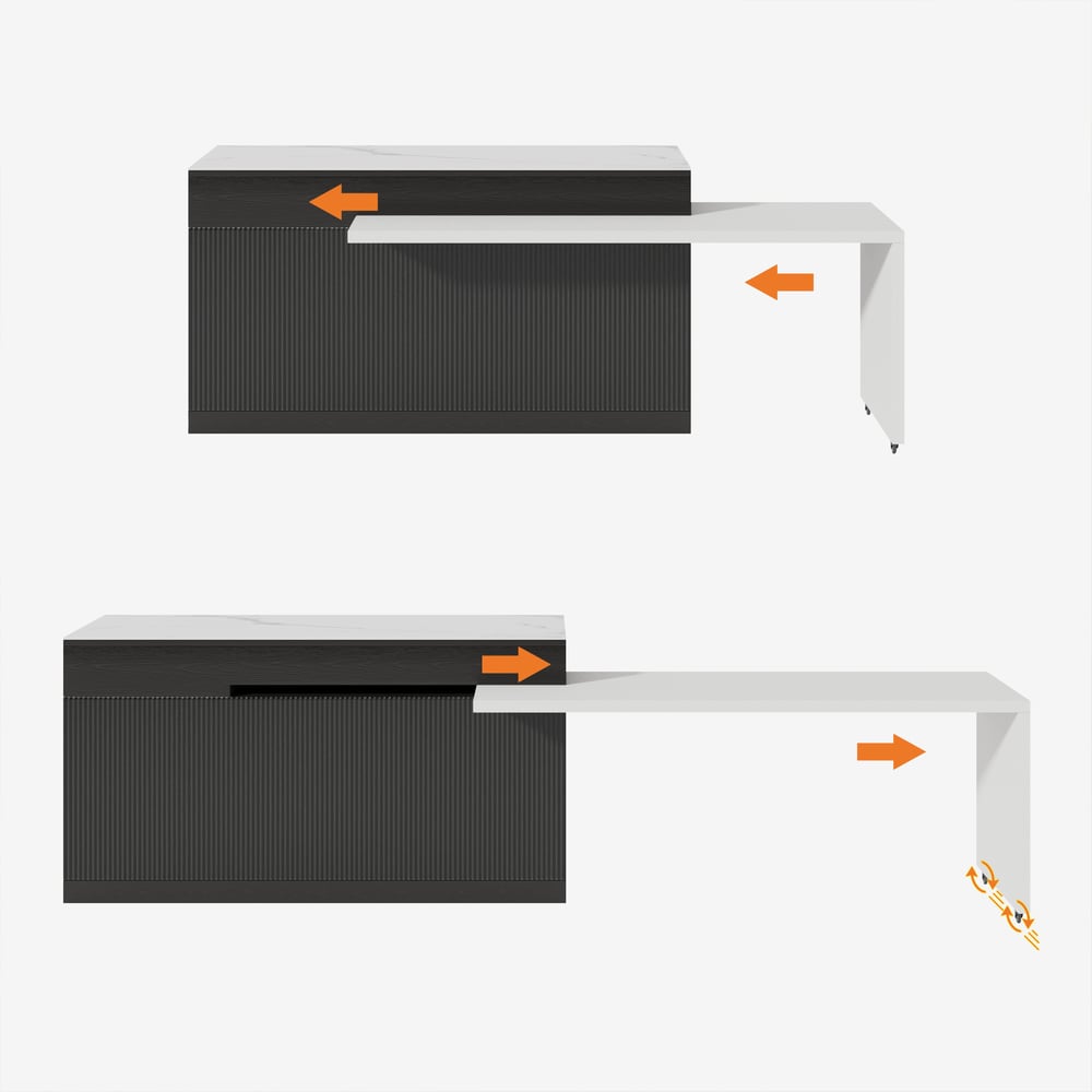 Îlot de cuisine extensible en pierre frittée de 205 à 270 cm avec portes et tiroirs, noir et blanc image de fenêtre