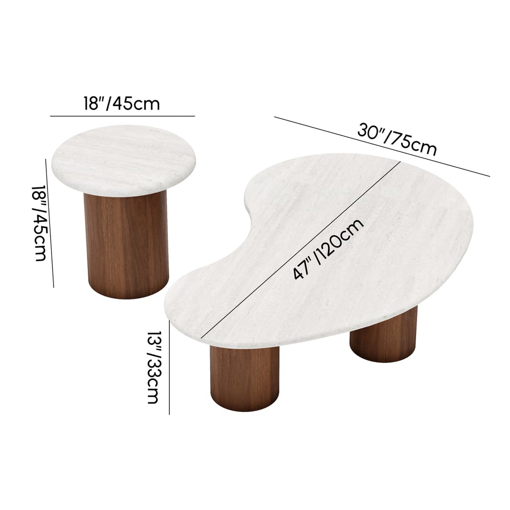 Ensemble de tables basses rondes de 18"-47" en placage de béton et noyer Poids, dimensions, image