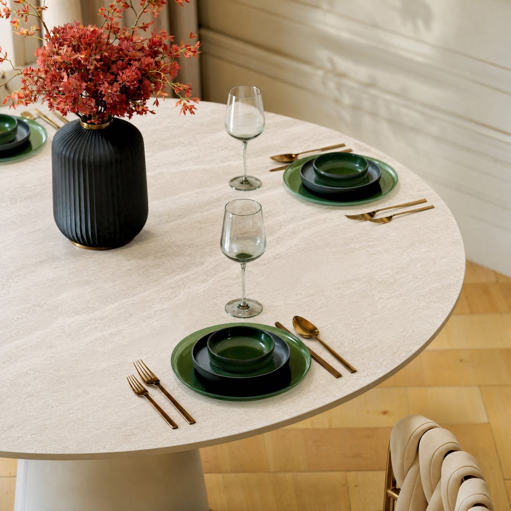 Modern 39" Round Faux Travertine Dining Table with Leather-Wrapped Base, Seats 2 window image